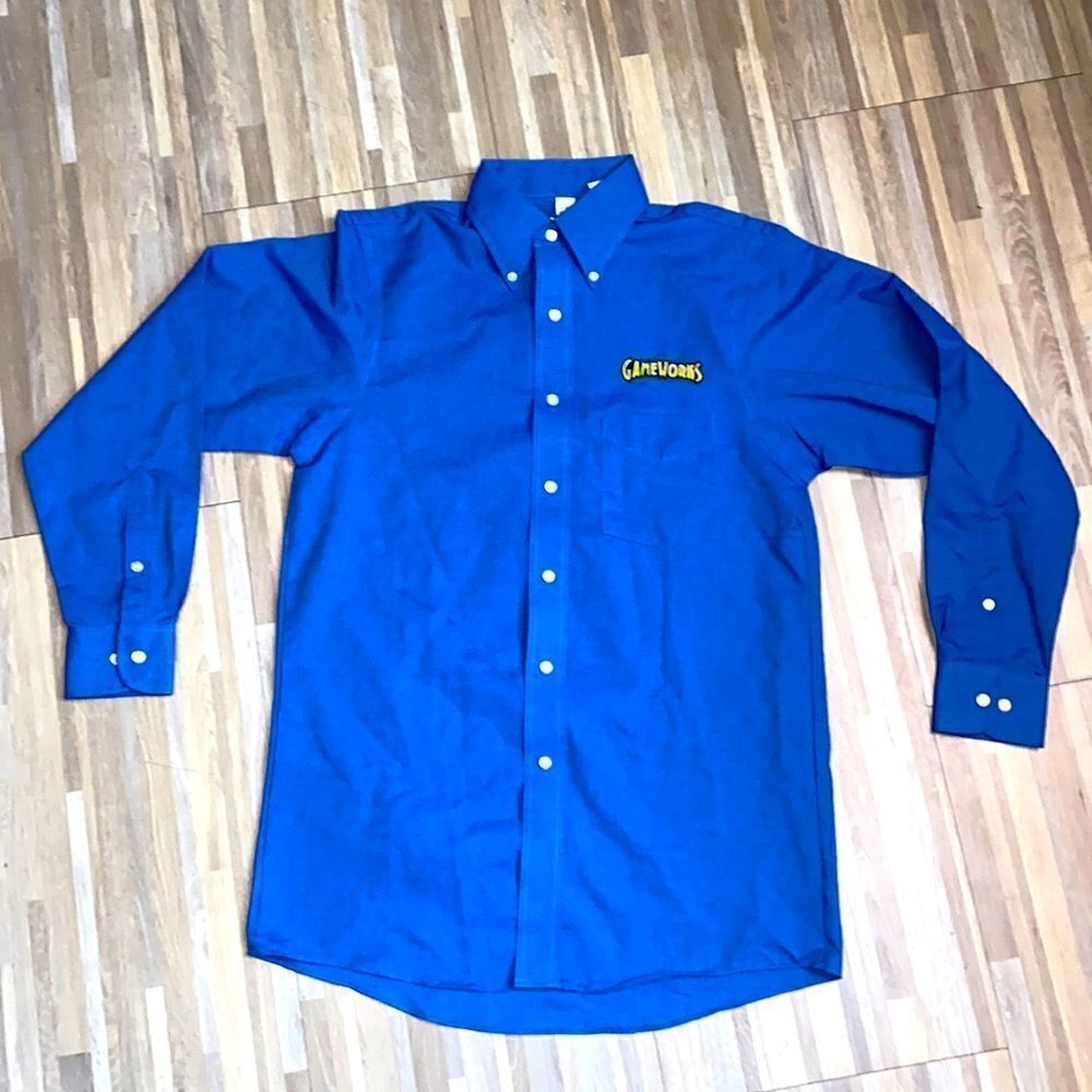 Gameworks vintage button up jean like material look arcade worker cosplay Y2K